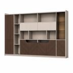 Modern Timber Storage Cabinet with Open Shelves and Glass Display