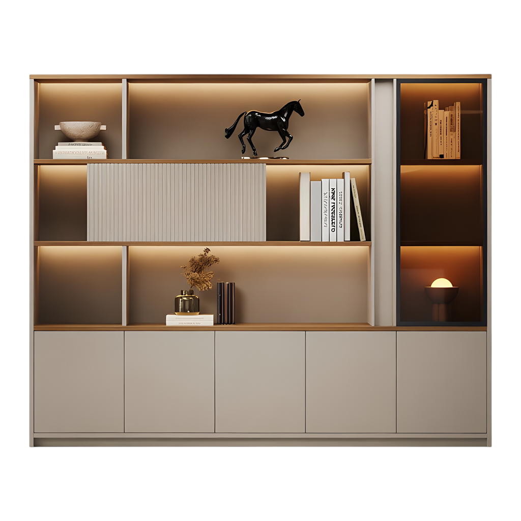 Modern Executive Office Storage Cabinet with Open Shelves and LED Display Lighting