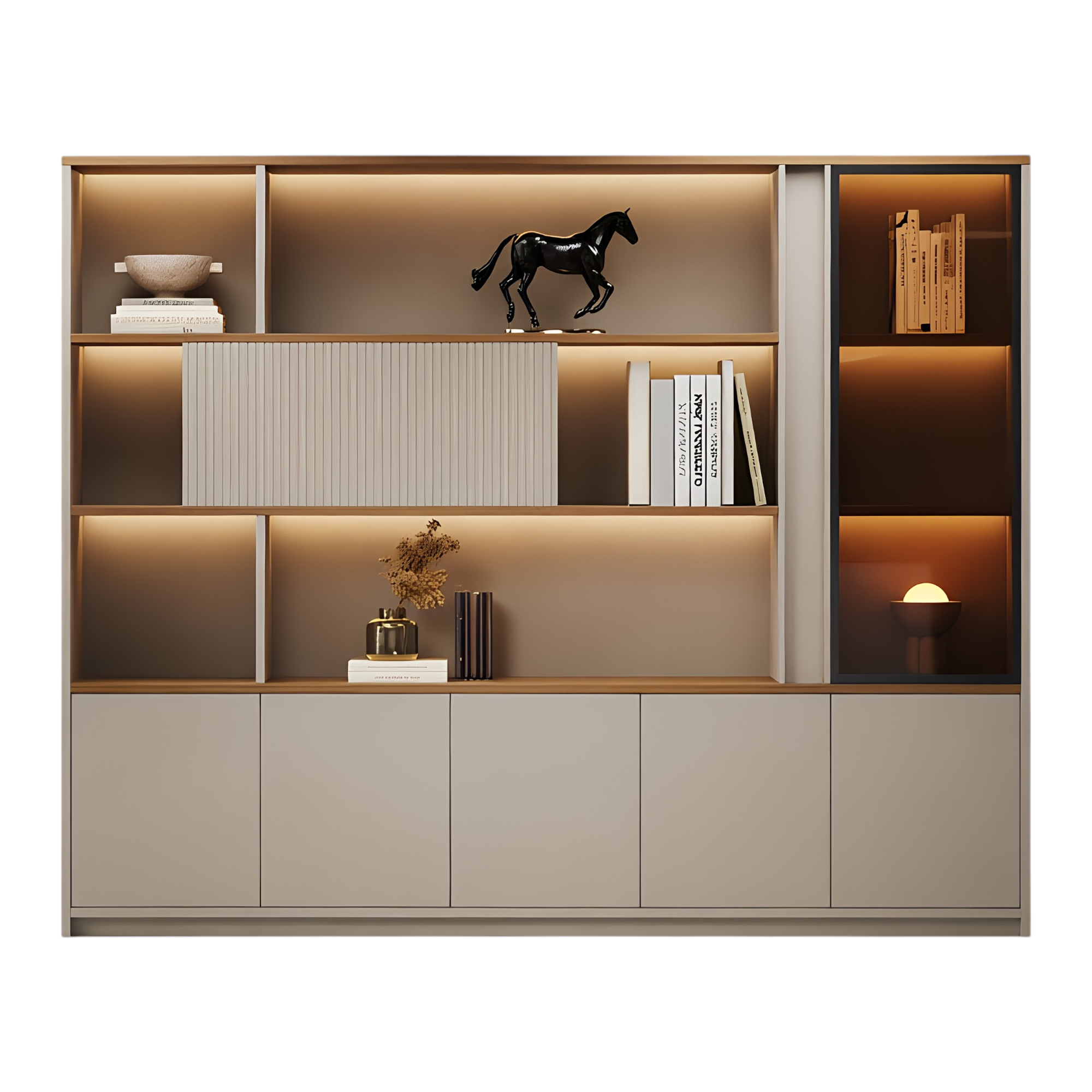 Modern Executive Office Storage Cabinet with Open Shelves and LED Display Lighting