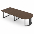 Modern Woodgrain Conference Table with Semi-Round Top, Power Outlet and Statement Metal Legs