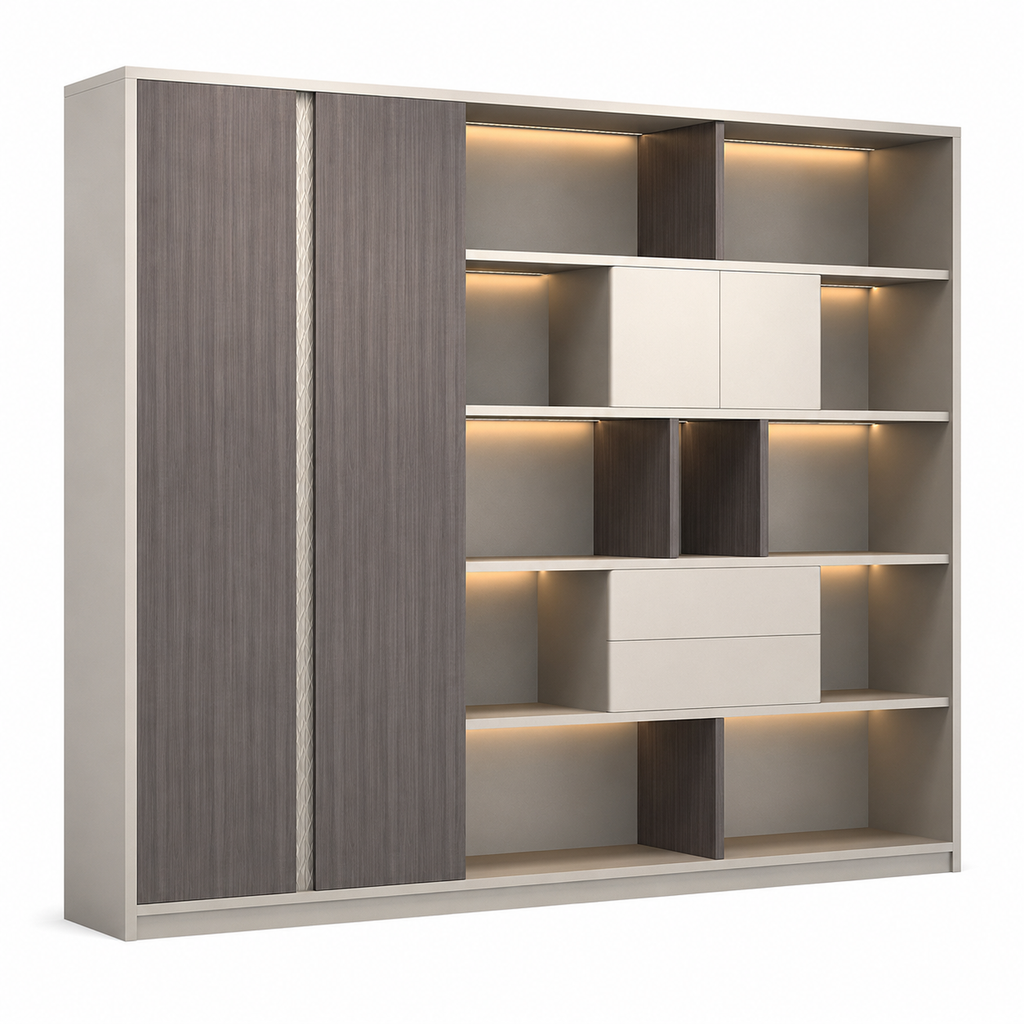 Executive Storage Wall Cabinet with LED and Concealed Wardrobe Storage