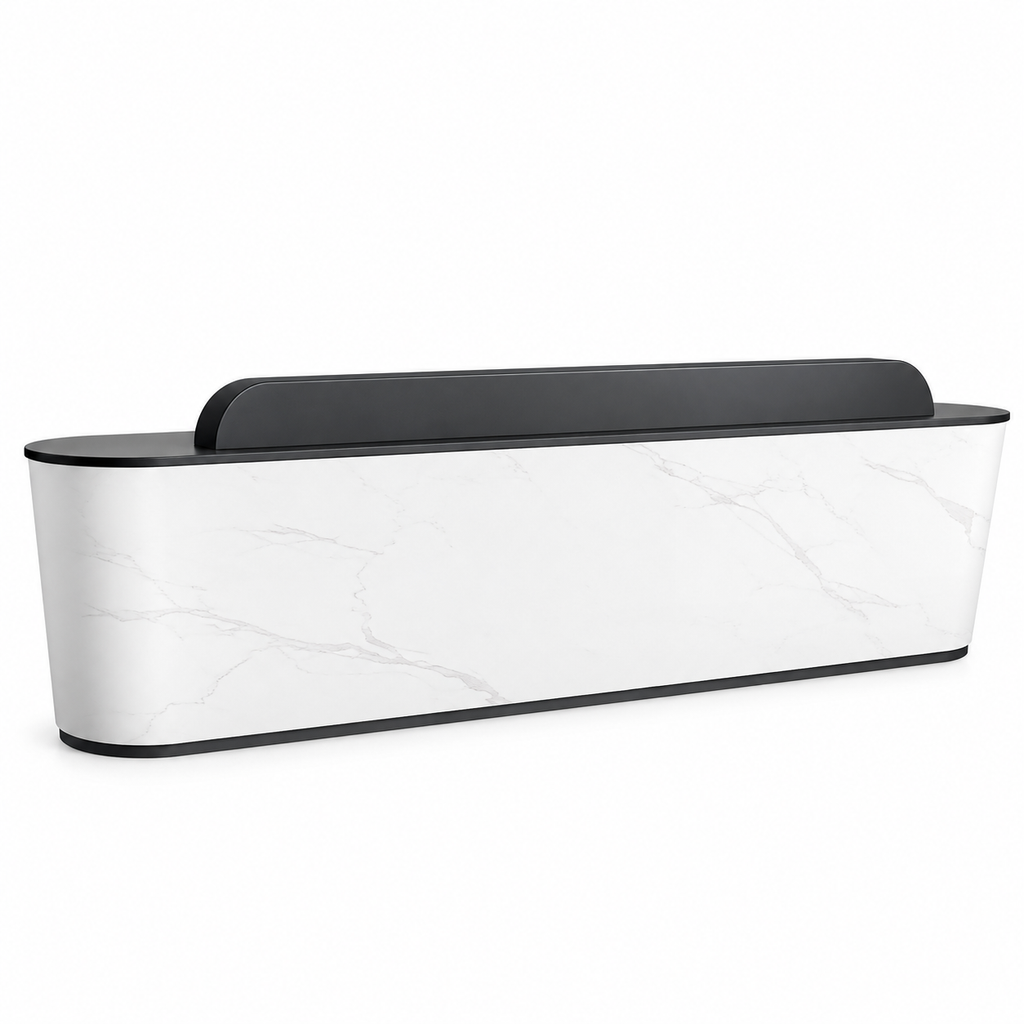 Modern Curved Reception Counter With Bespoke Branding For Business Spaces