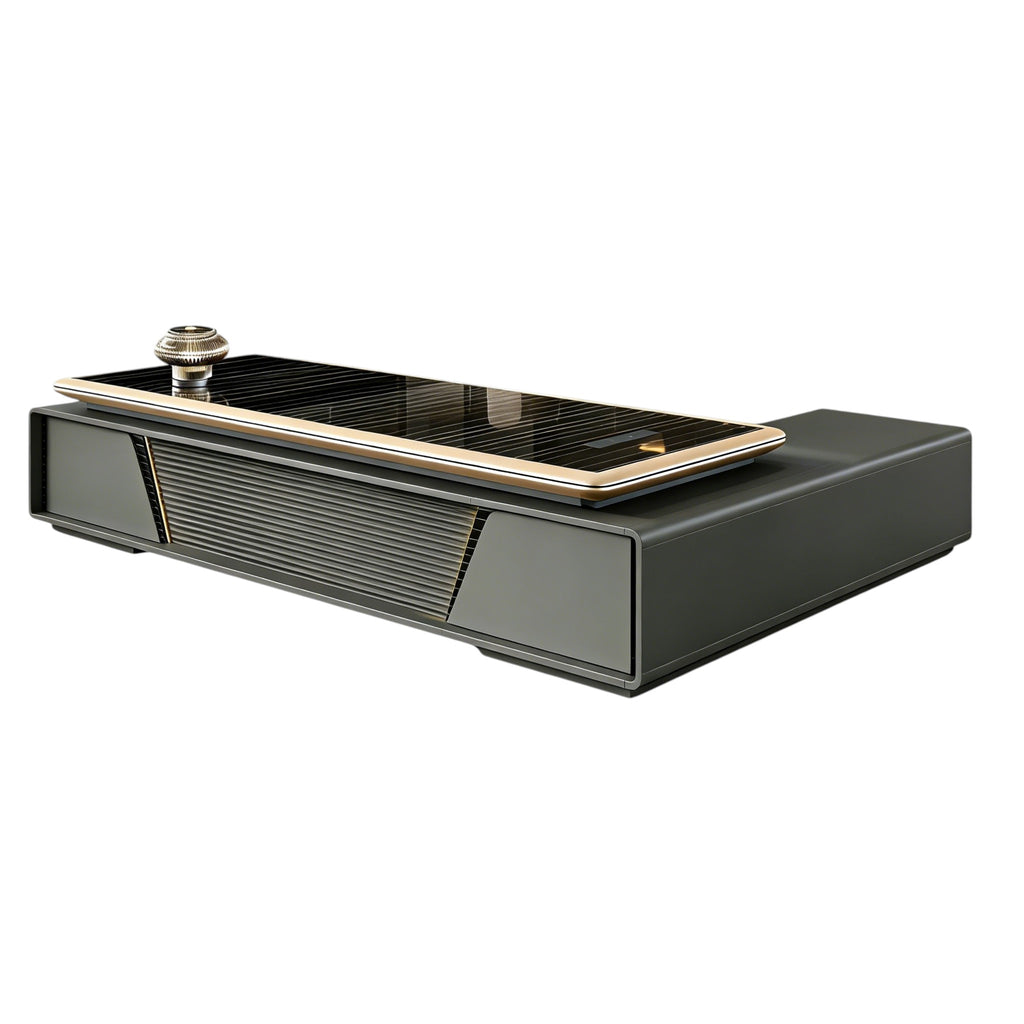 Luxury Black Glass-Top Executive Desk with Lift Side Table and Fluted Front Panel