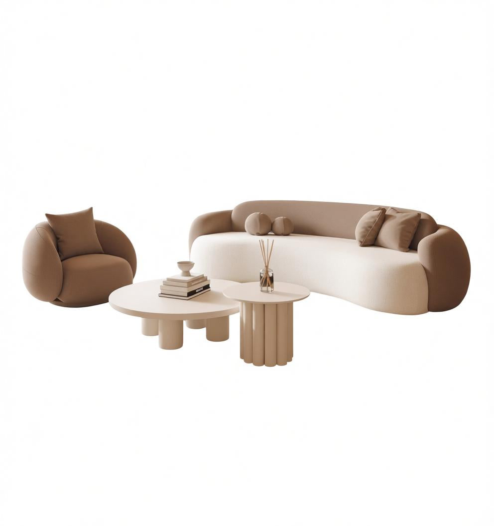 Curved Cream Bouclé Sofa and Round Coffee Table Lounge Set with Accent Armchair