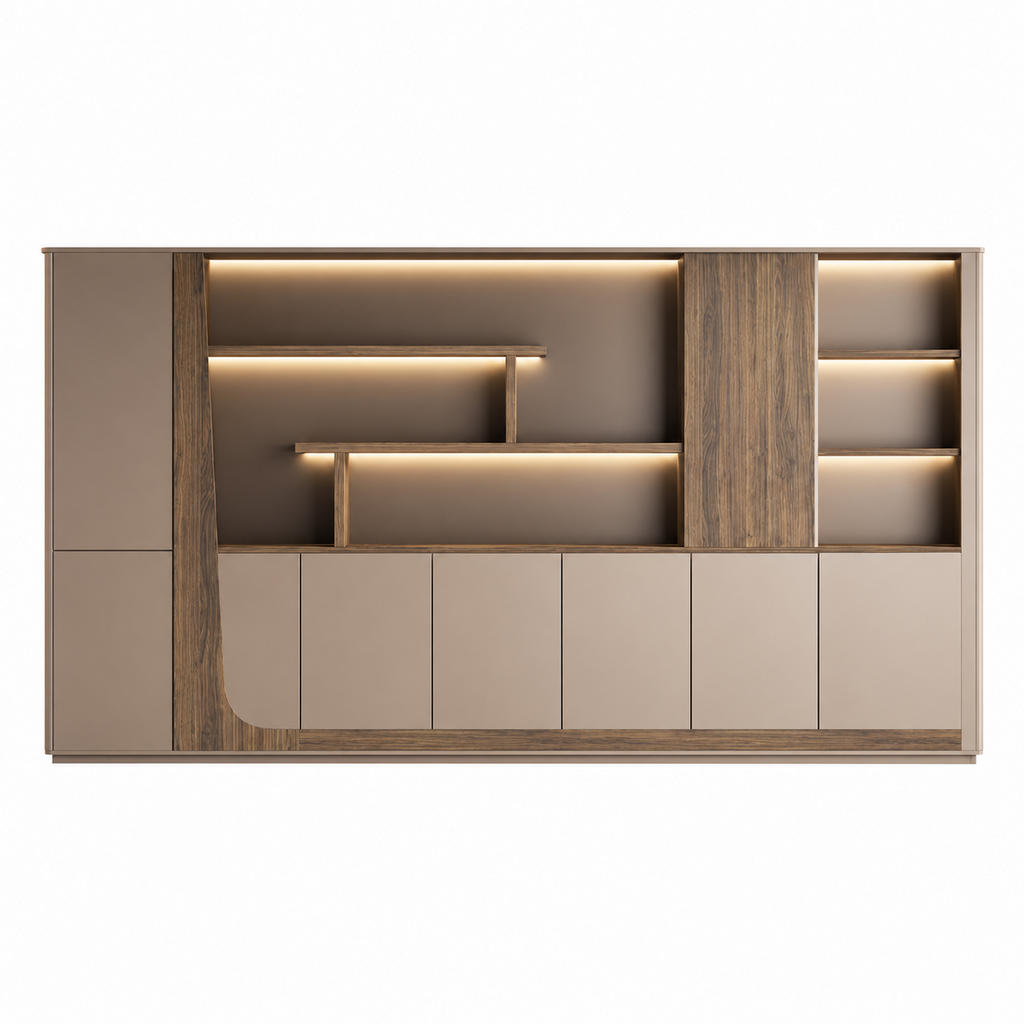 Modern Storage Wall Unit with LED Lighting, Hidden Wardrobe and Push Open Cabinets