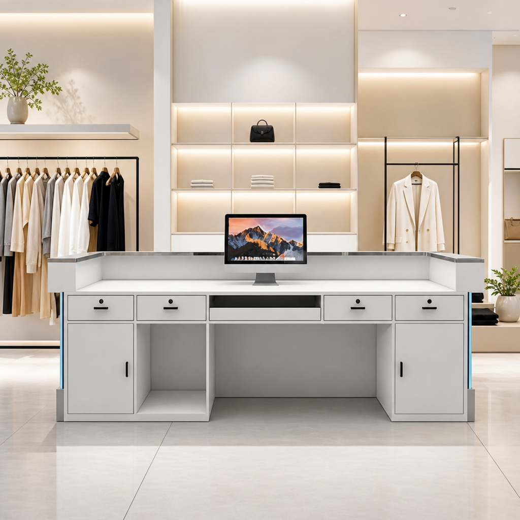 Stainless Steel Salon Reception Desk with LED Acrylic Front