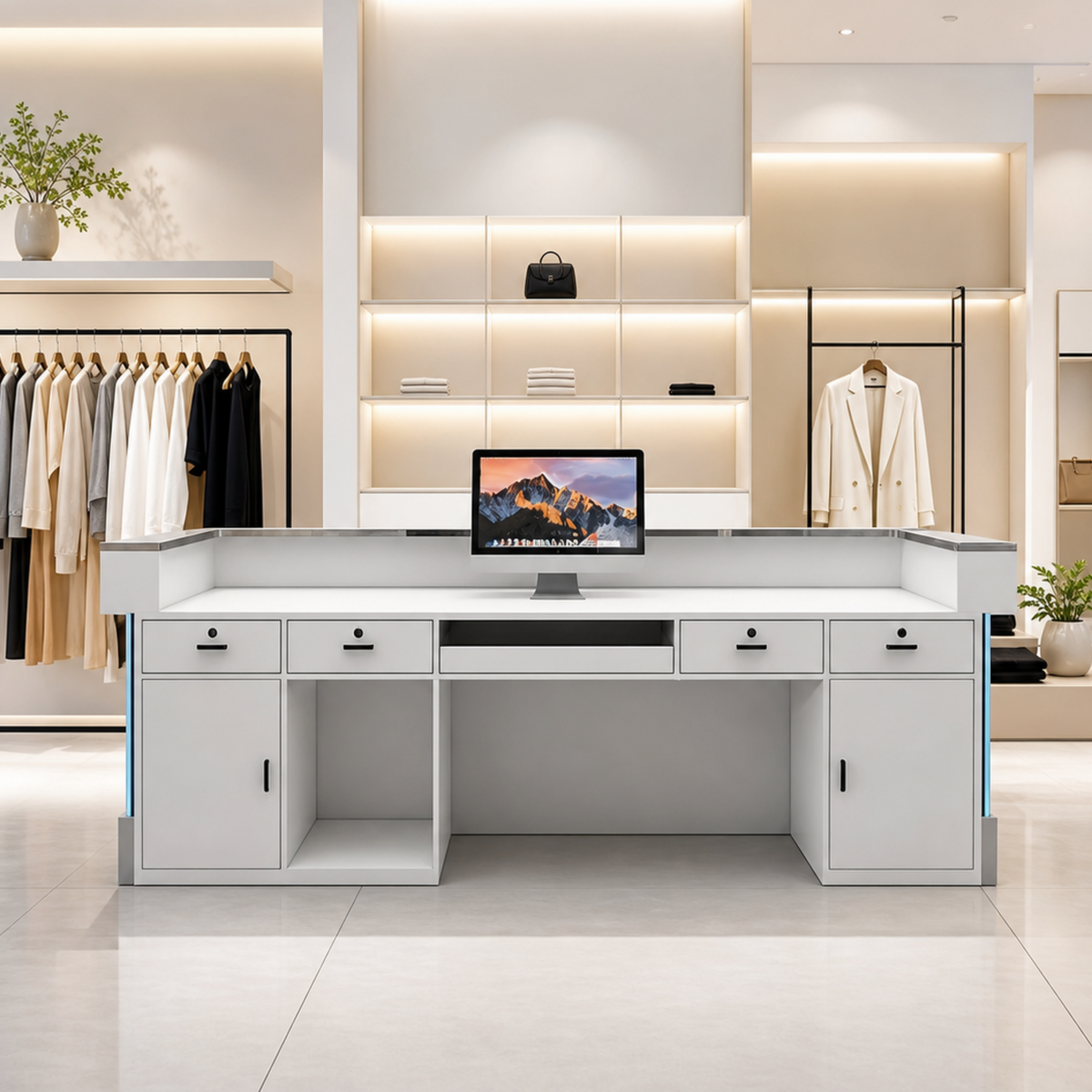 Stainless Steel Salon Reception Desk with LED Acrylic Front