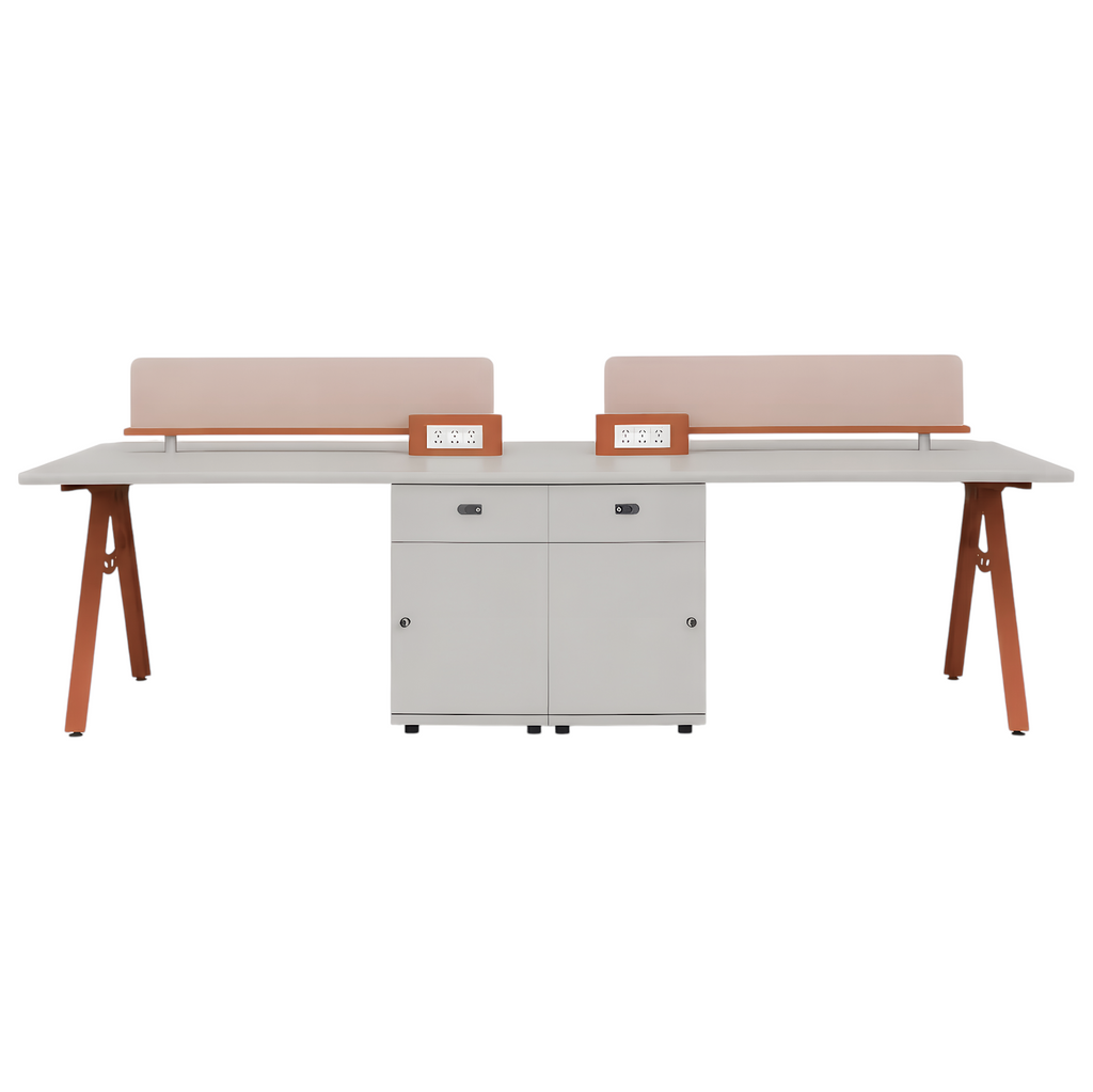 Streamlined Office Bench Desk with Divider Screen and Integrated Storage Pedestals