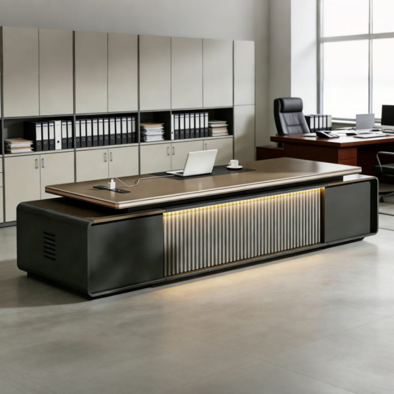 Modern Low-Profile Executive Desk with LED Feature Panel and Integrated Storage