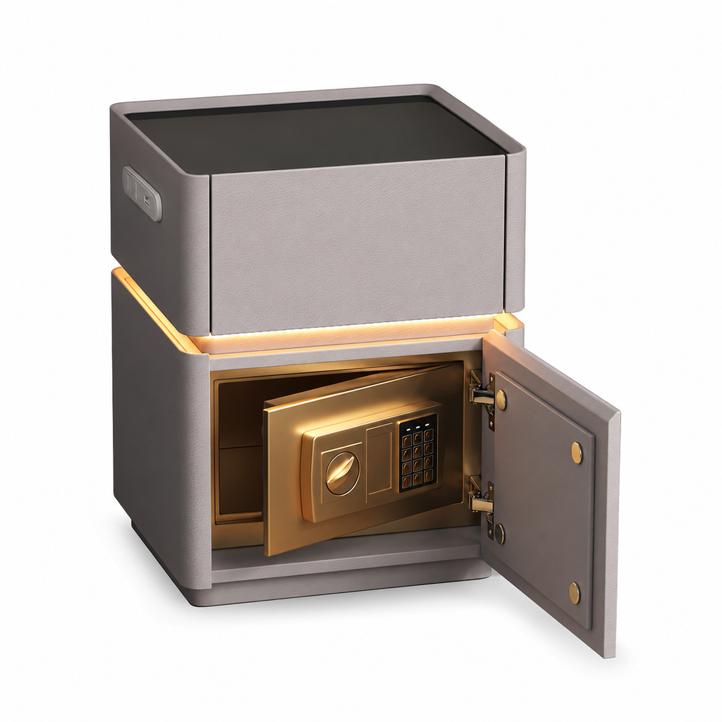 Contemporary Bedside Table with Safe, Wireless Charger and USB