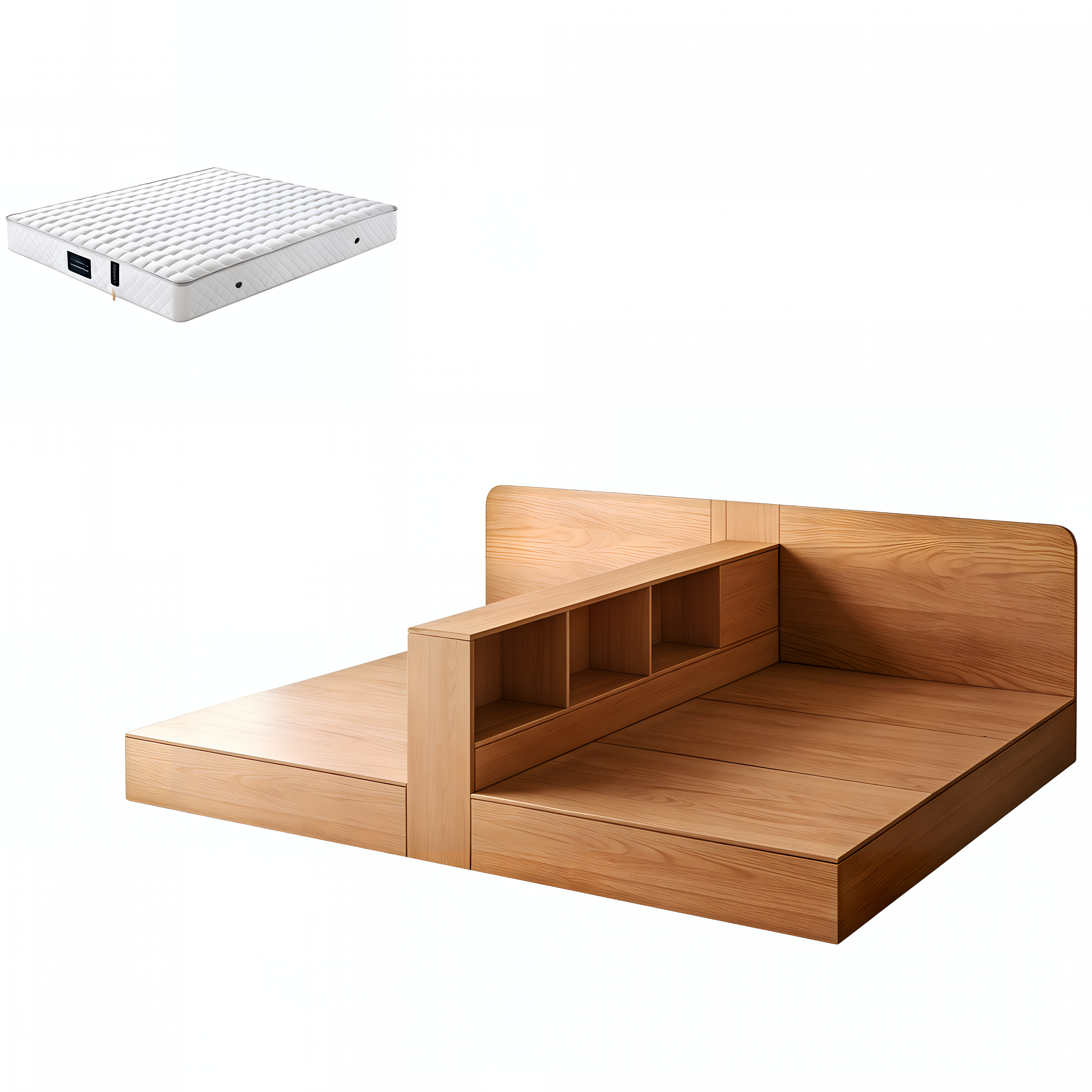 Natural Timber Twin Storage Bed with Divider Shelf