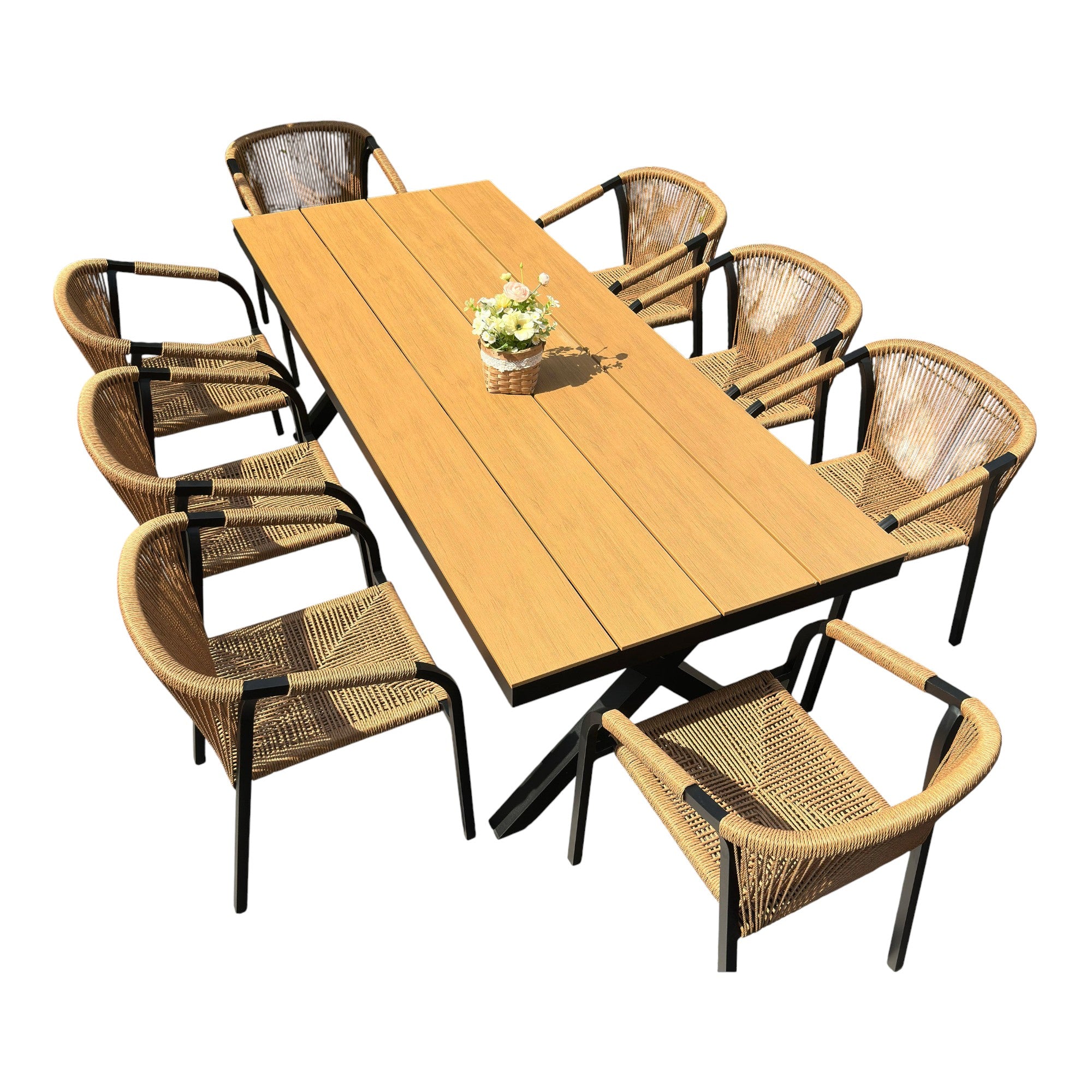 Outdoor Rope-Weave Dining Set With Timber-Look Table