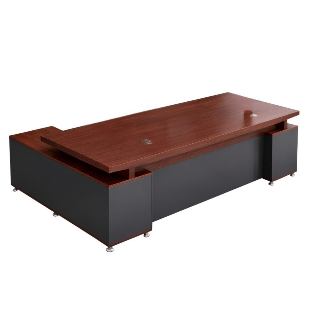 Modern Executive Office Desk With Return, Lockable Storage, Cable Grommets, Two-Tone Finish