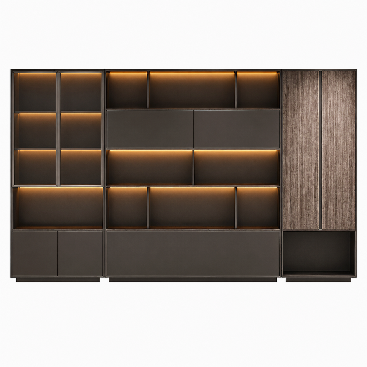 Executive Storage Wall Unit with LED Shelving and Wardrobe