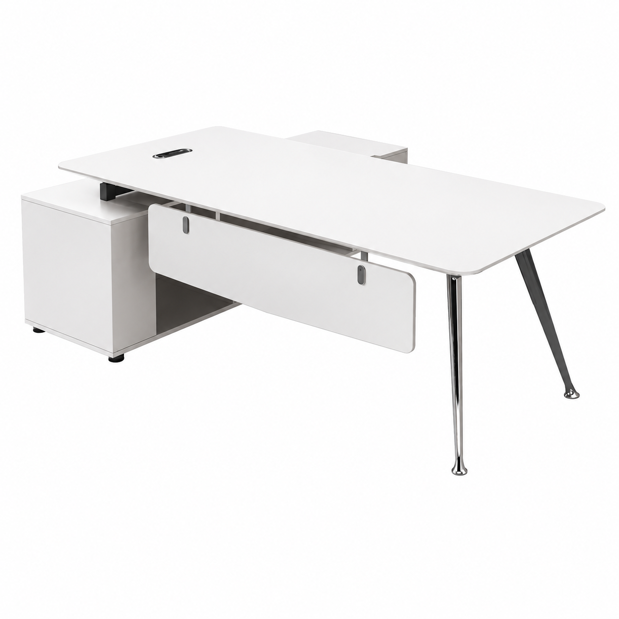 Modern Executive Desk with Walnut-Style Worktop, Privacy Panel and Chrome Tapered Legs