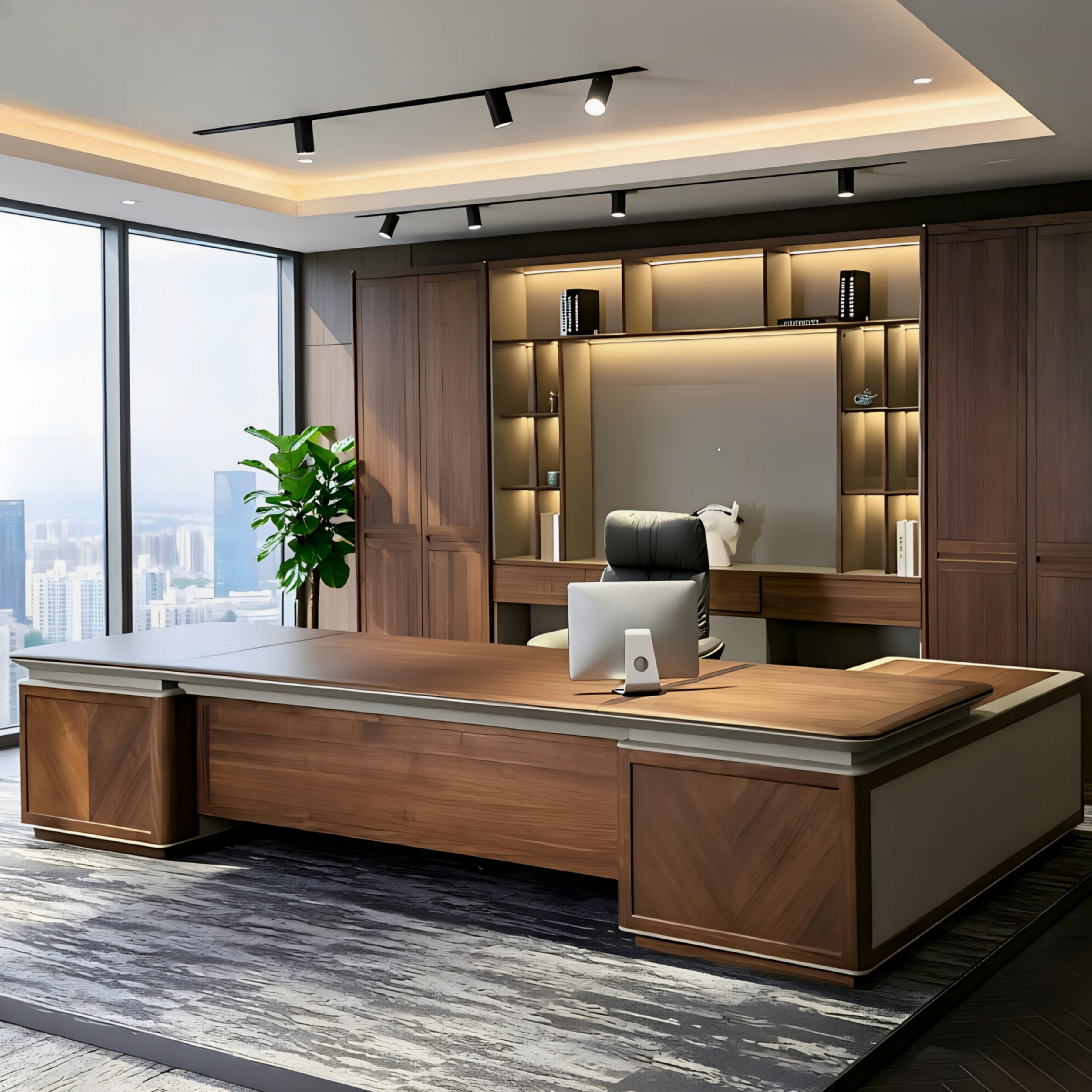 Modern Walnut Executive Desk with Side Credenzas