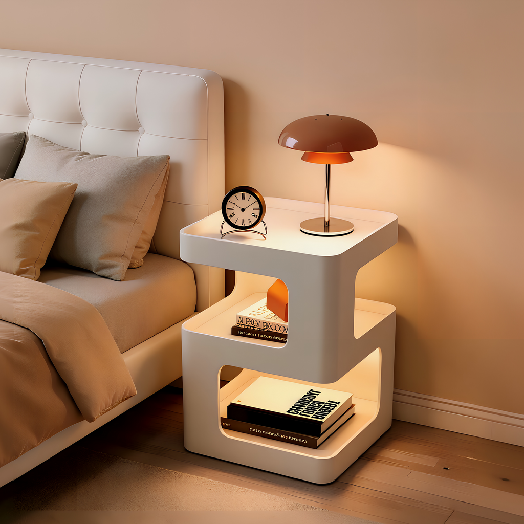 Modern Bedside Table with Ambient Shelf Lighting