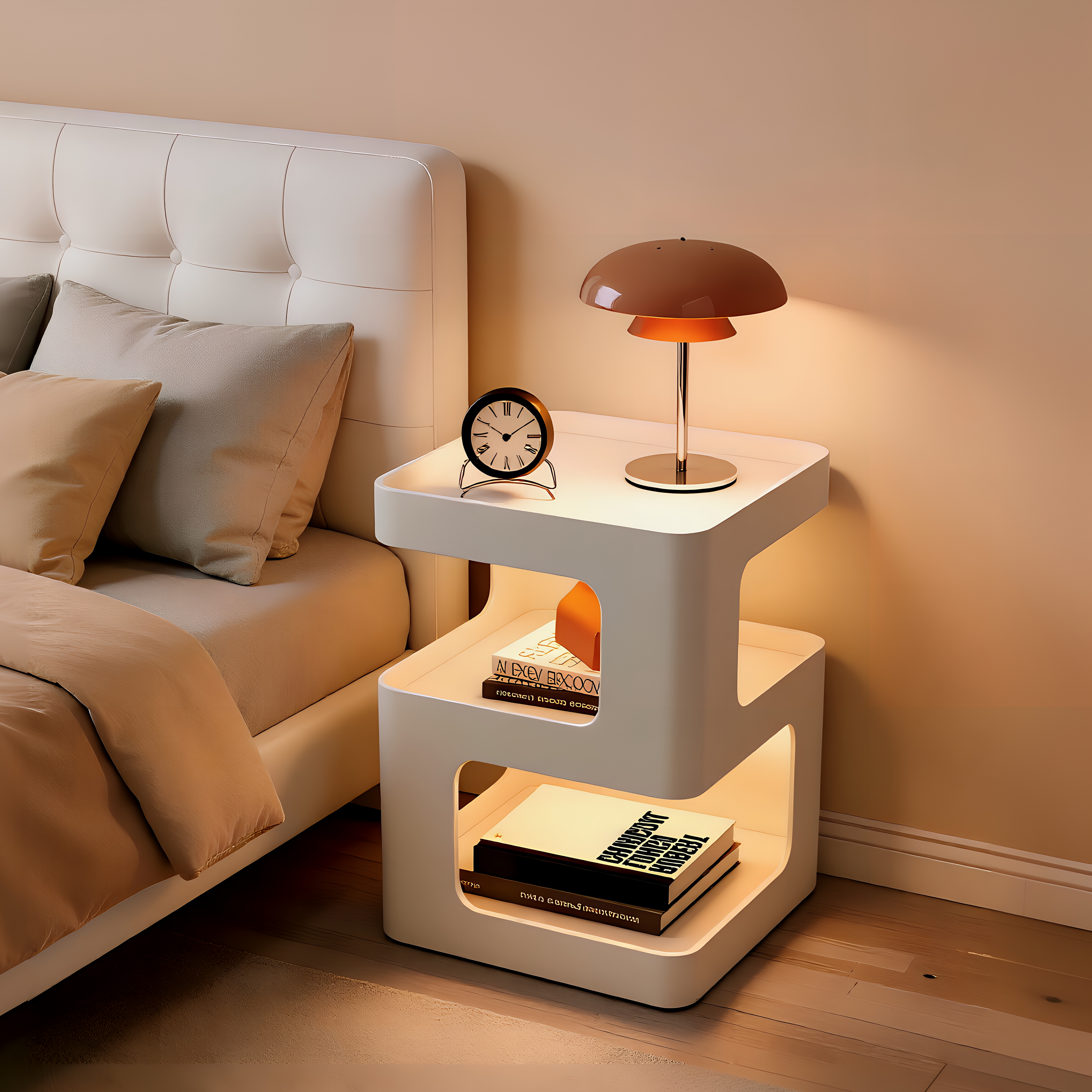 Modern Bedside Table with Ambient Shelf Lighting