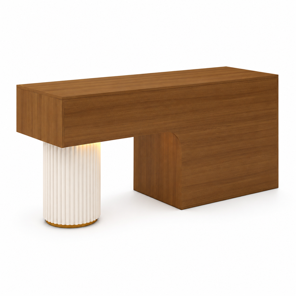 Travertine-Look Reception Desk with Fluted Column and LED Accent
