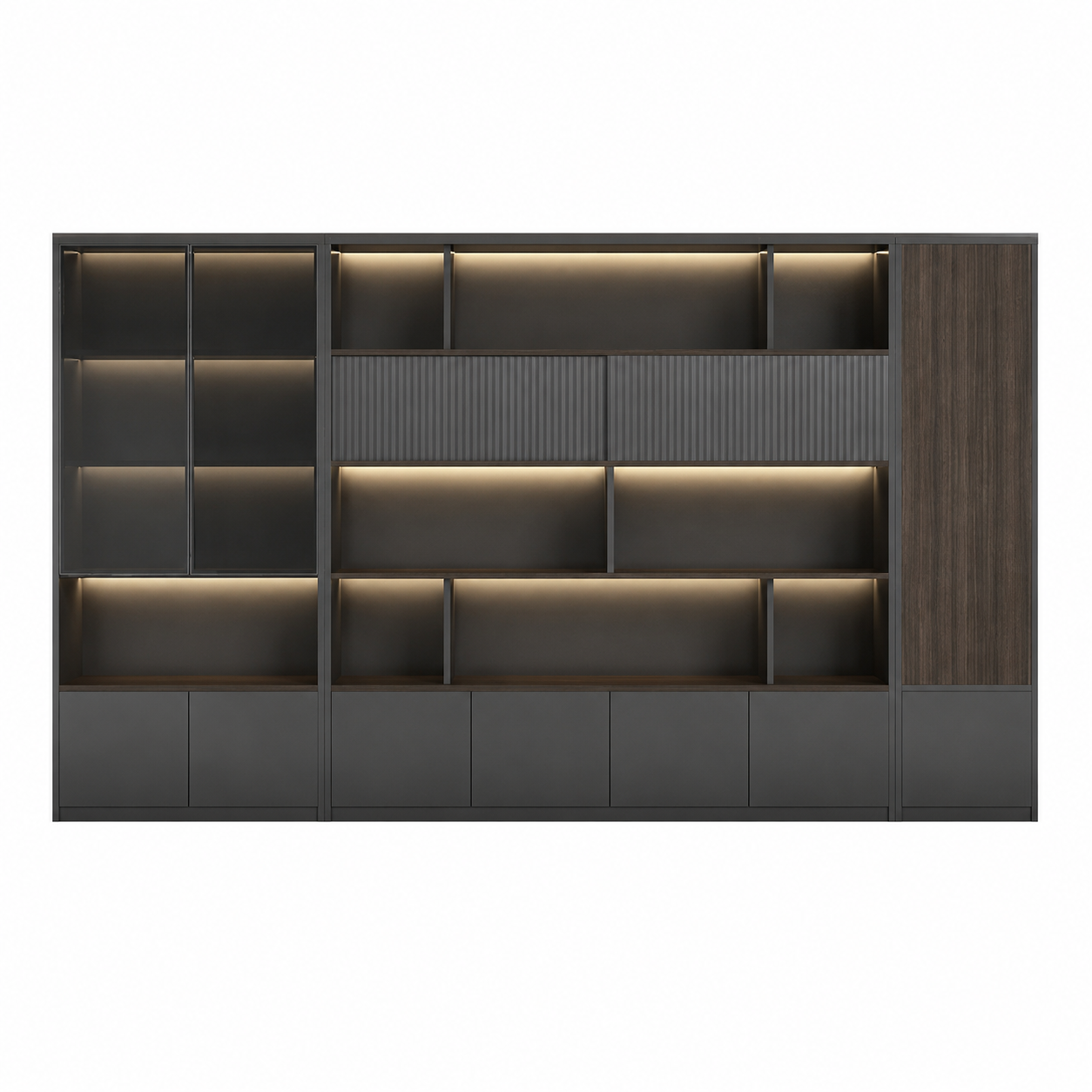 Dark Woodgrain Office Storage Suite with Fluted Panel Doors