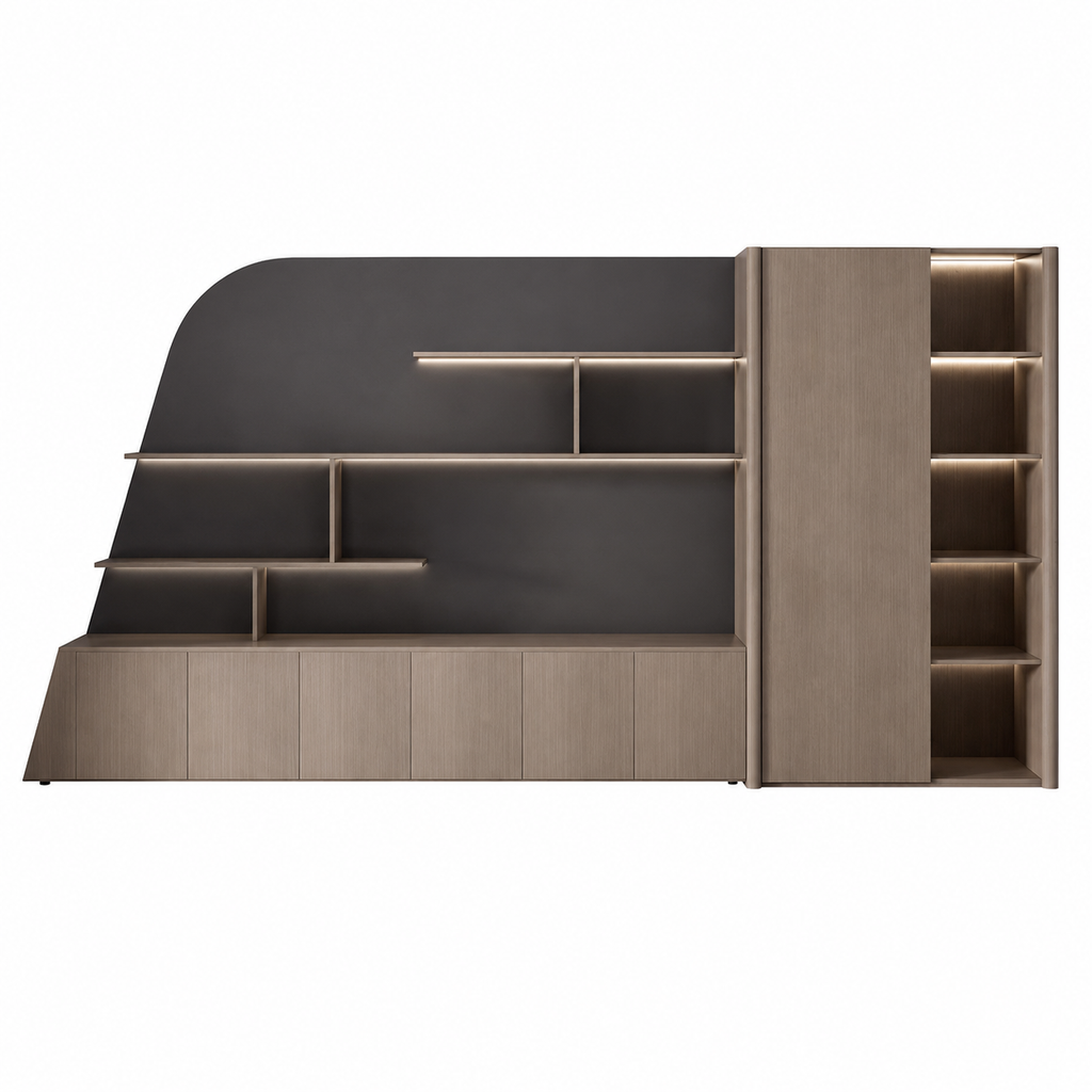 Curved Display Filing Cabinet with Integrated Wardrobe Storage