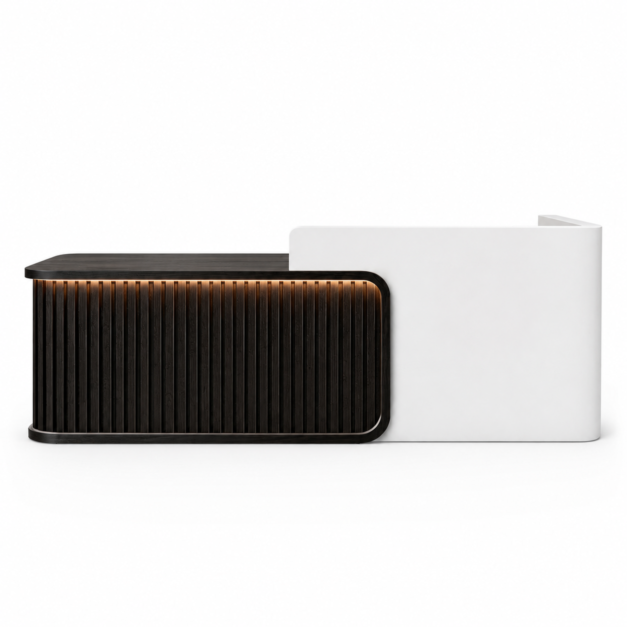 Luxury LED Reception Desk with Fluted Wood Grain Panels and Rounded Edges