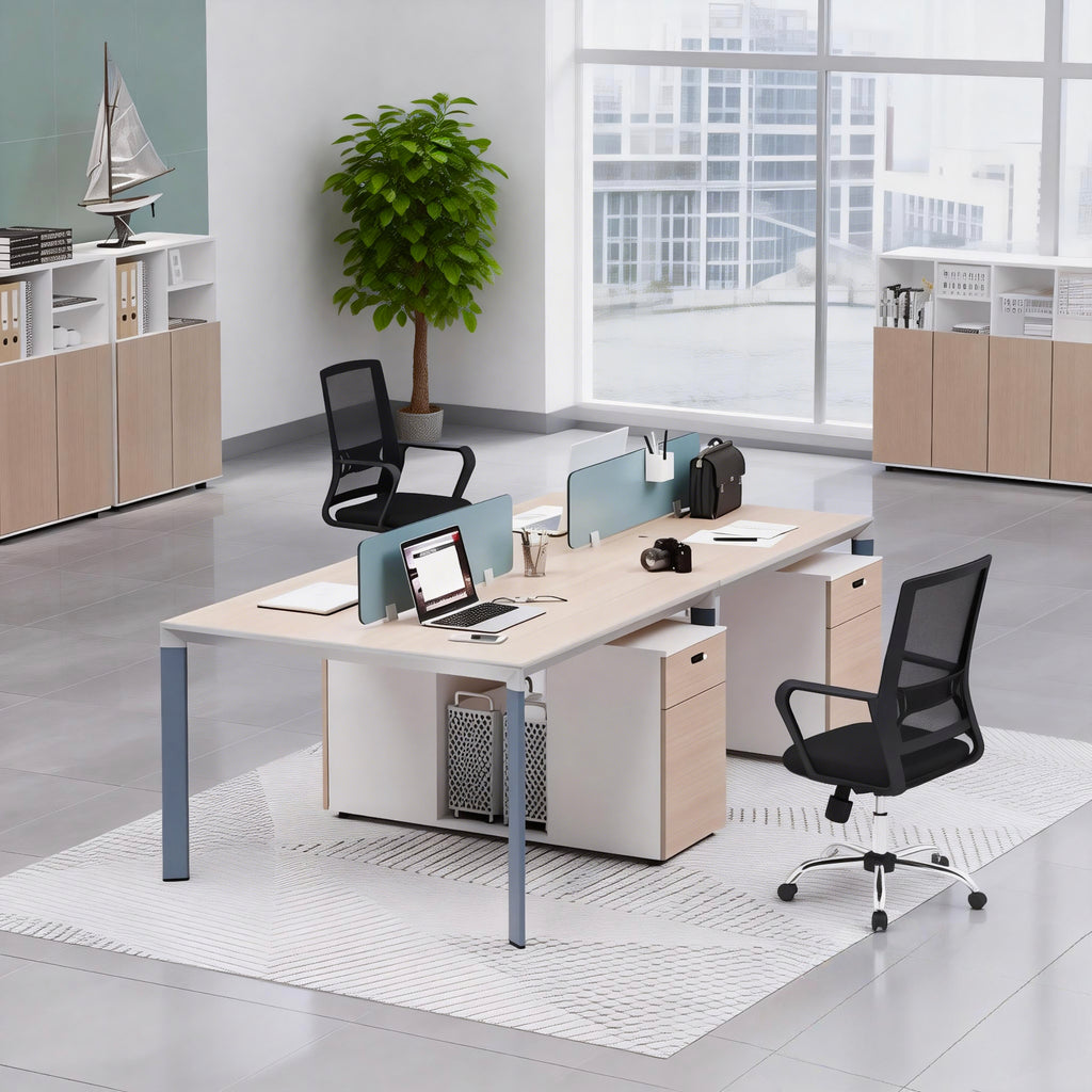 Collaborative Office Workstation Desk with Privacy Screens and Integrated Storage