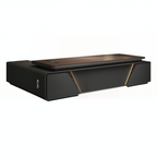 Modern Executive Desk With LED Accent Panel, Integrated Storage Credenza And Rounded Corners