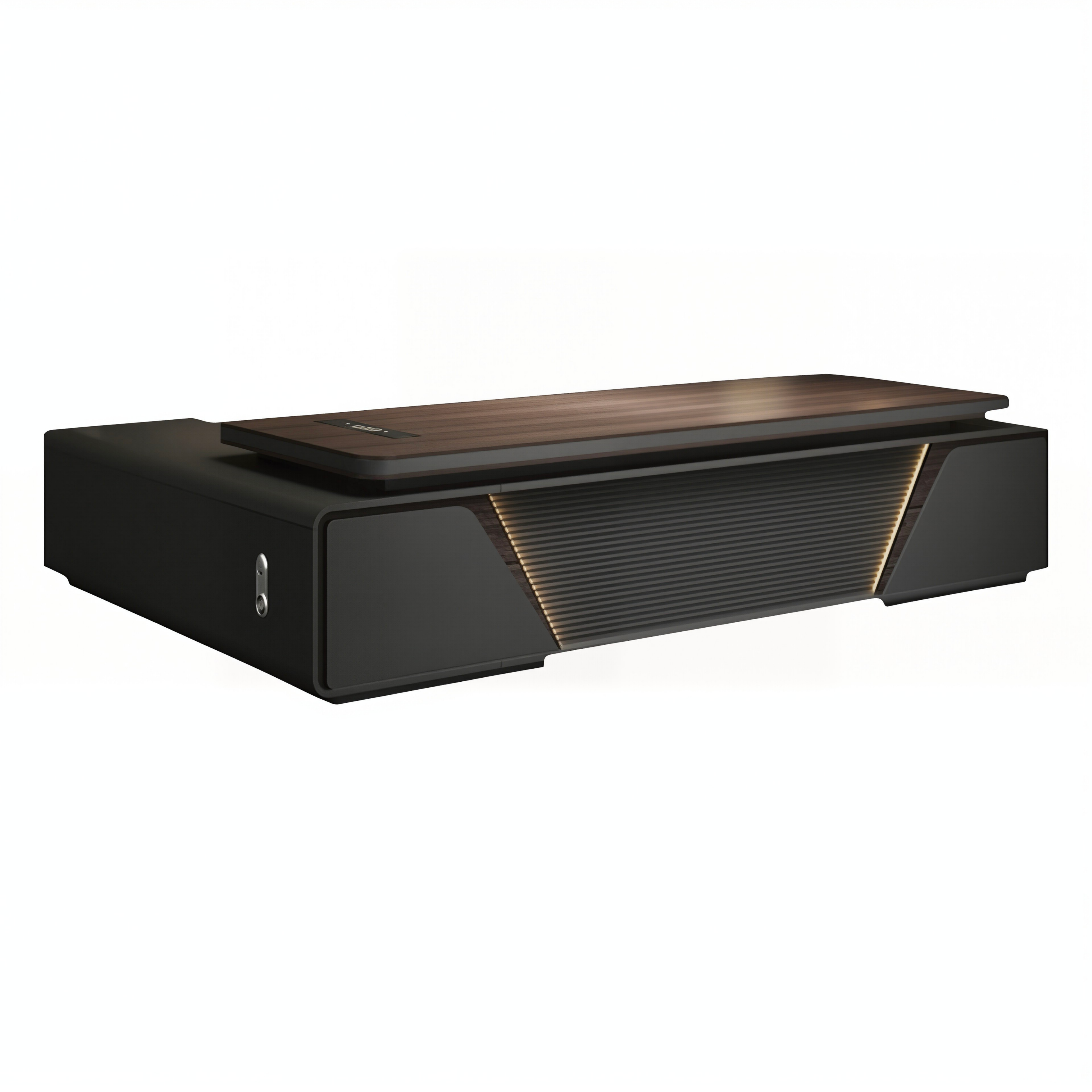 Modern Executive Desk With LED Accent Panel, Integrated Storage Credenza And Rounded Corners