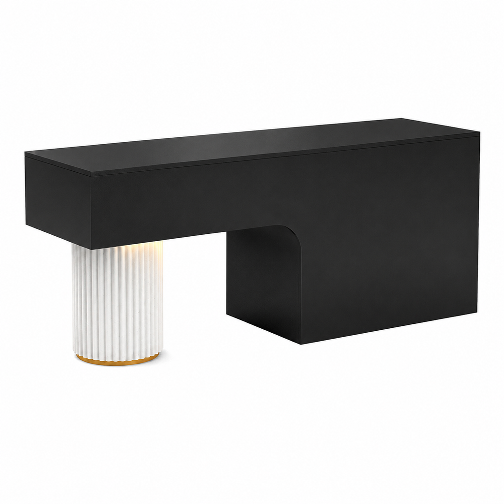 Travertine-Look Reception Desk with Fluted Column and LED Accent