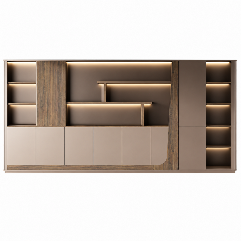 Modern Storage Wall Unit with LED Lighting, Hidden Wardrobe and Push Open Cabinets