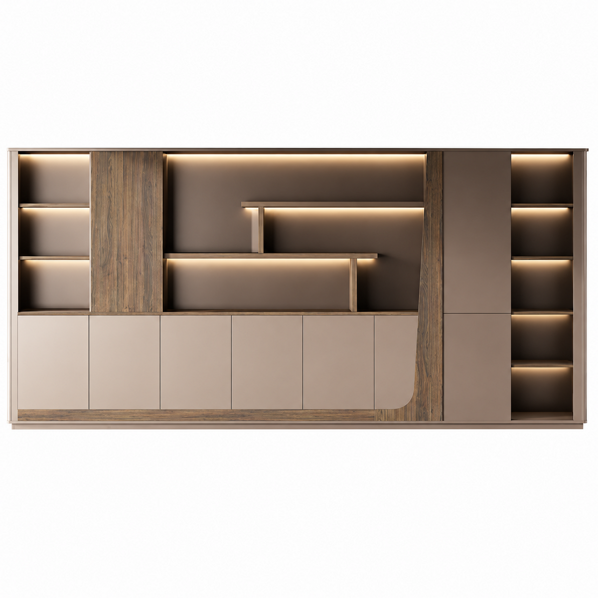 Modern Storage Wall Unit with LED Lighting, Hidden Wardrobe and Push Open Cabinets