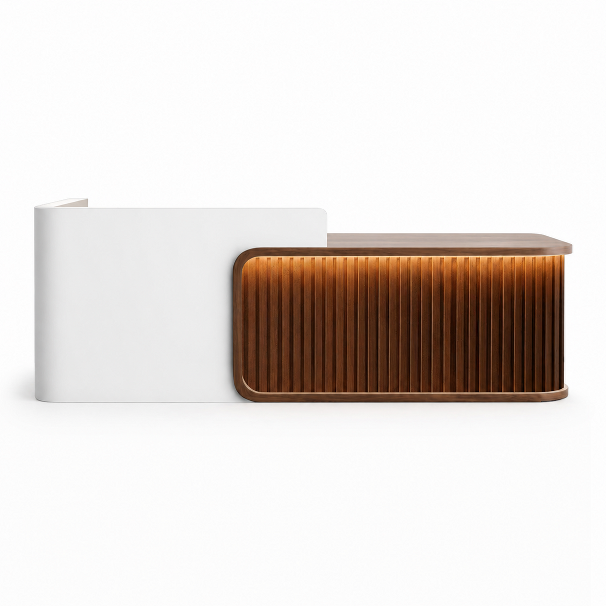 Luxury LED Reception Desk with Fluted Wood Grain Panels and Rounded Edges