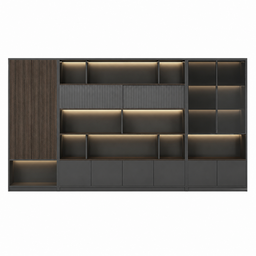 Dark Woodgrain Office Storage Suite with Fluted Panel Doors