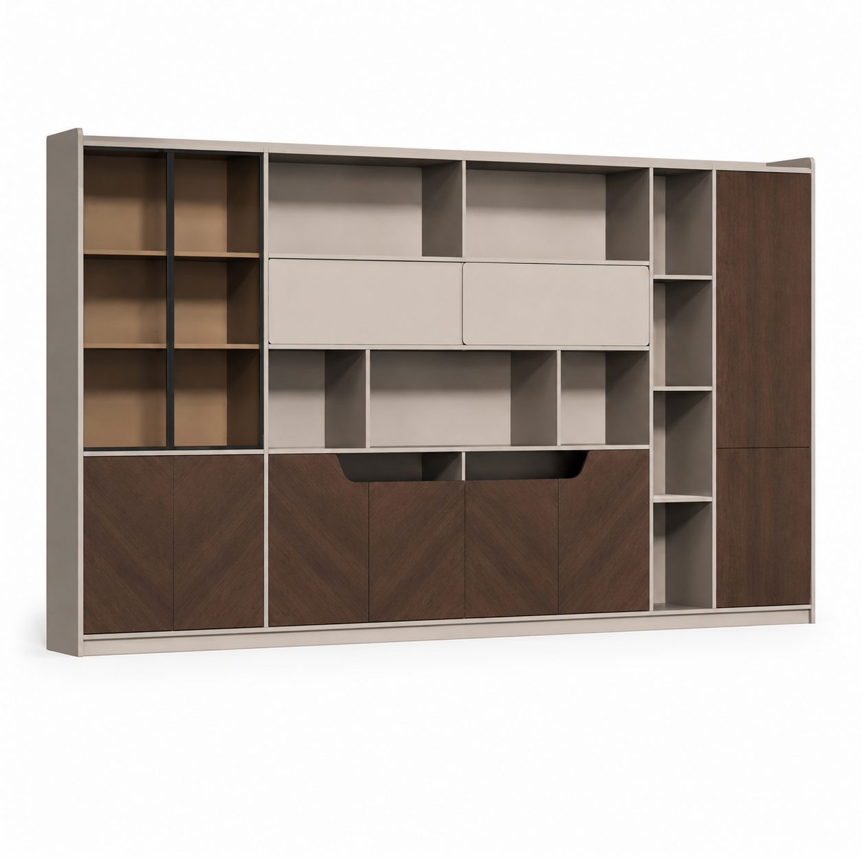 Modern Timber Storage Cabinet with Open Shelves and Glass Display