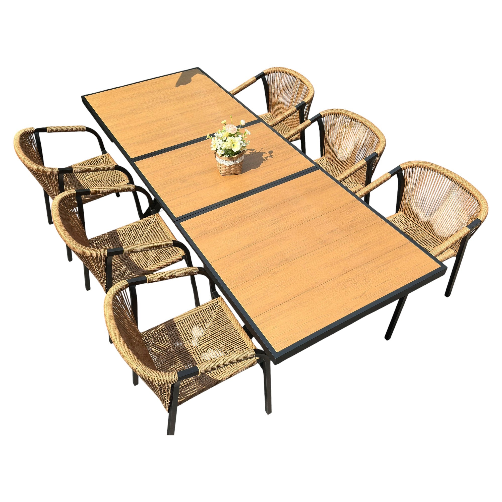 Outdoor Rope-Weave Dining Set With Timber-Look Table