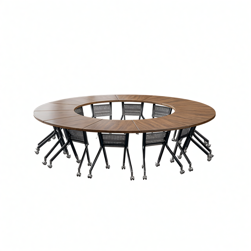 Modular Circular Meeting Table System with Mobile Folding Legs for Collaborative Office Spaces