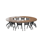 Modular Circular Meeting Table System with Mobile Folding Legs for Collaborative Office Spaces