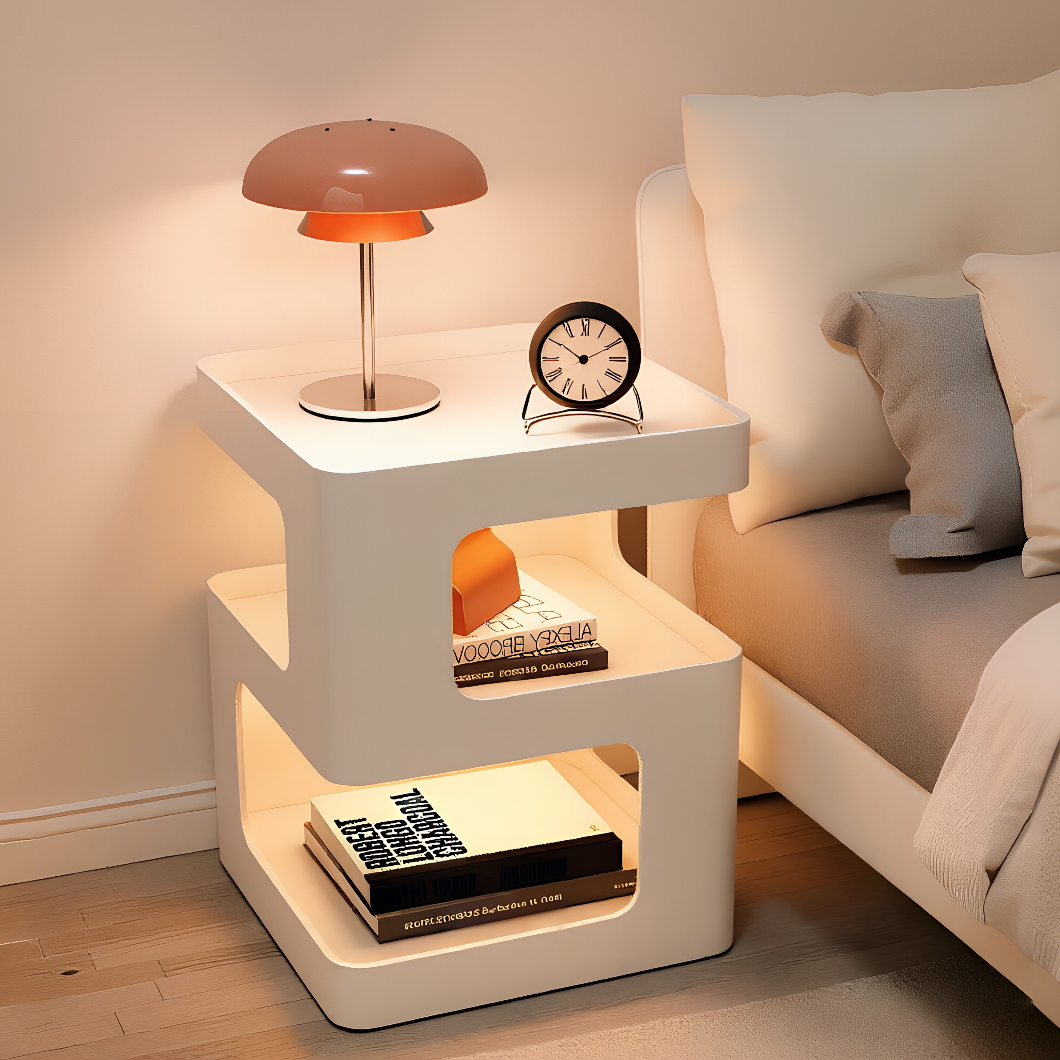 Modern Bedside Table with Ambient Shelf Lighting
