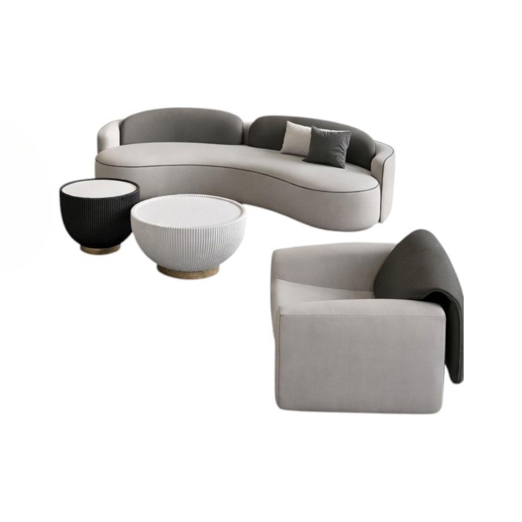 Modern Organic Curved Fabric Sofa Set - Designer Lounge Suite for Contemporary Open Living