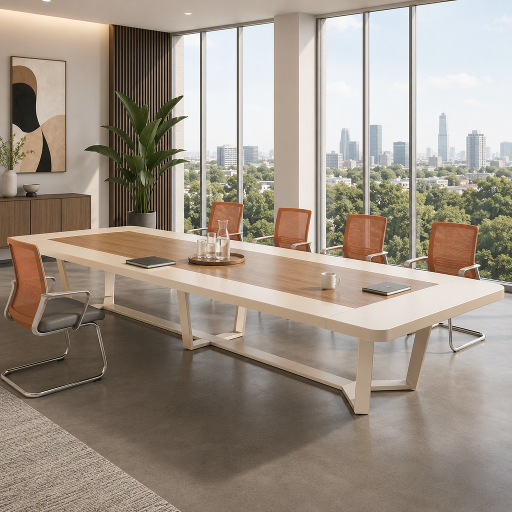 Large Two-Tone Boardroom Table with Rounded Corners and Geometric Frame
