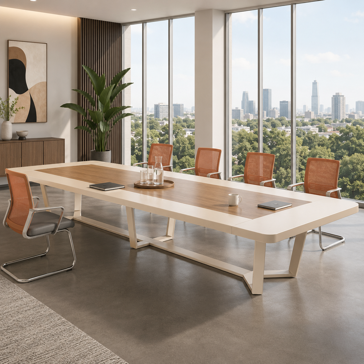 Large Two-Tone Boardroom Table with Rounded Corners and Geometric Frame