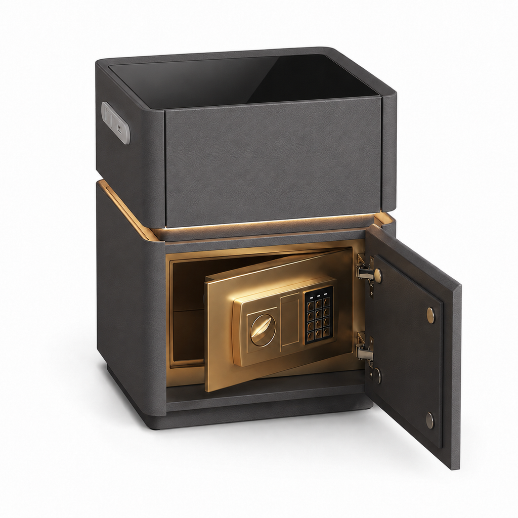Contemporary Bedside Table with Safe, Wireless Charger and USB
