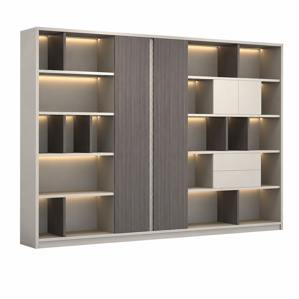 Executive Storage Wall Cabinet with LED and Concealed Wardrobe Storage