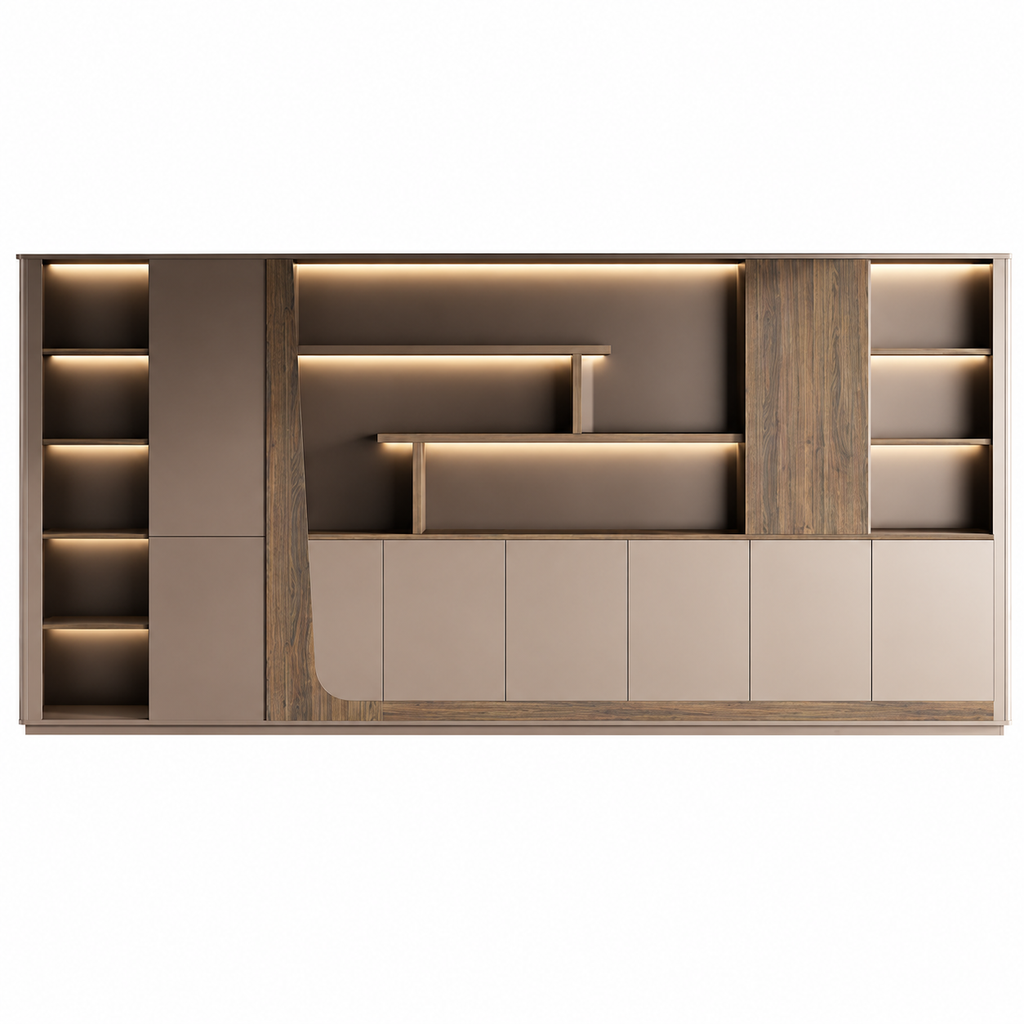 Modern Storage Wall Unit with LED Lighting, Hidden Wardrobe and Push Open Cabinets