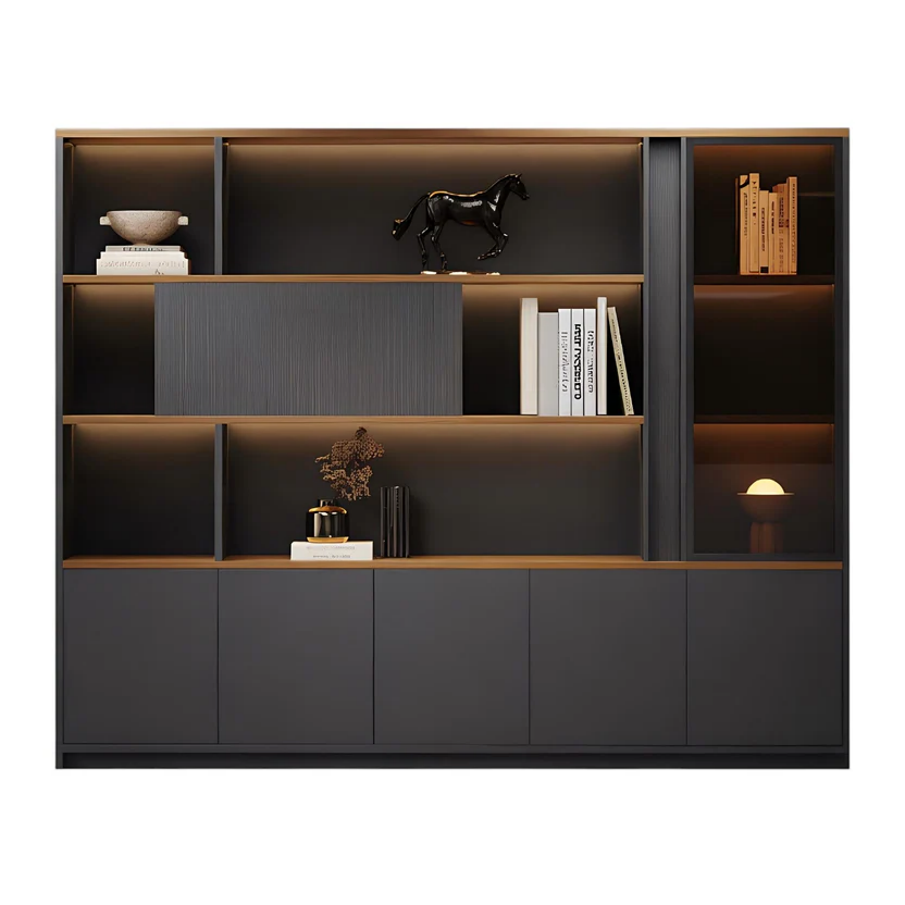 Modern Executive Office Storage Cabinet with Open Shelves and LED Display Lighting