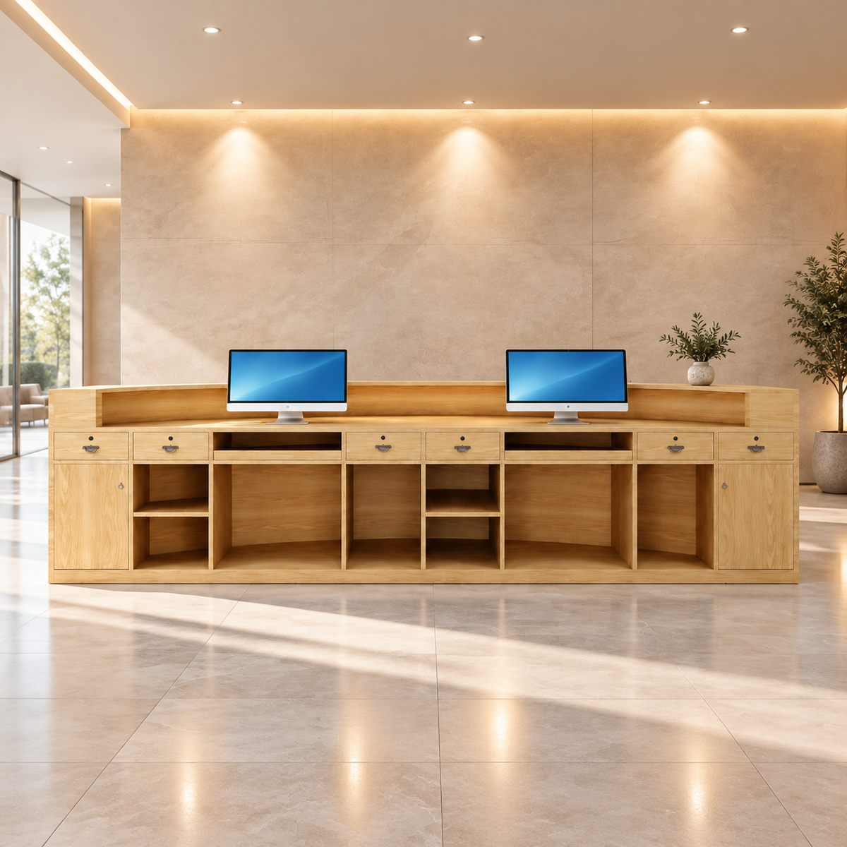 Contemporary Curved Reception Desk with Stainless Steel, LED and Custom Logo