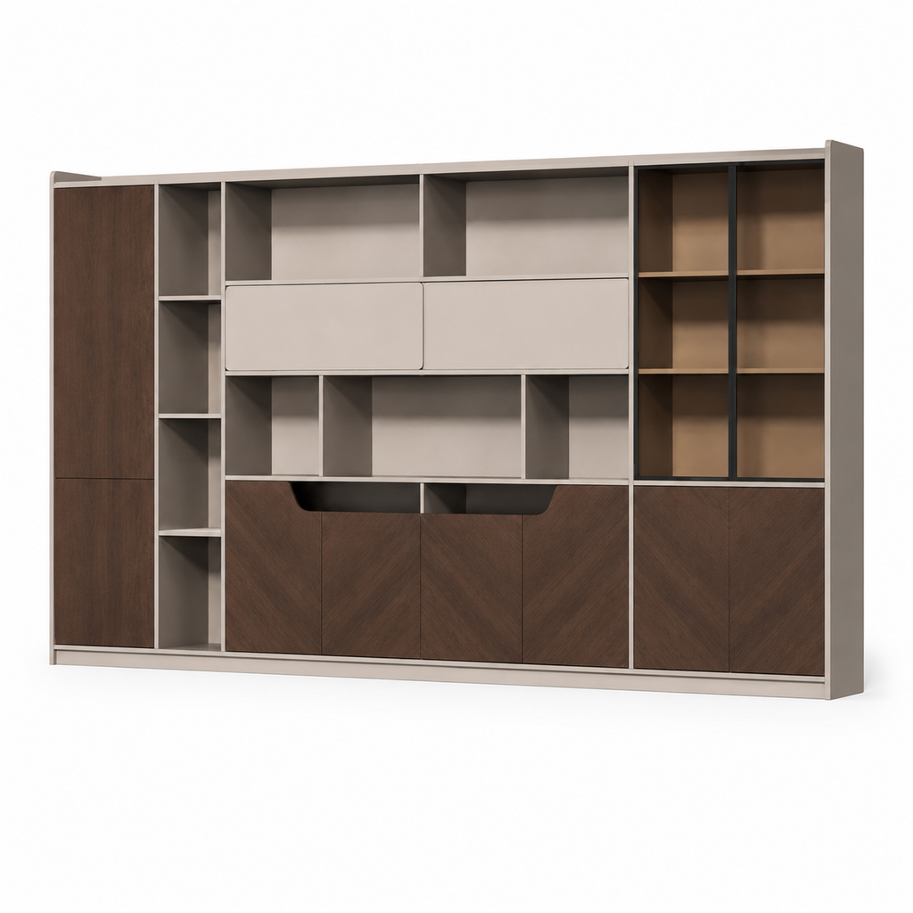 Modern Timber Storage Cabinet with Open Shelves and Glass Display