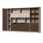 Modern Timber Storage Cabinet with Open Shelves and Glass Display