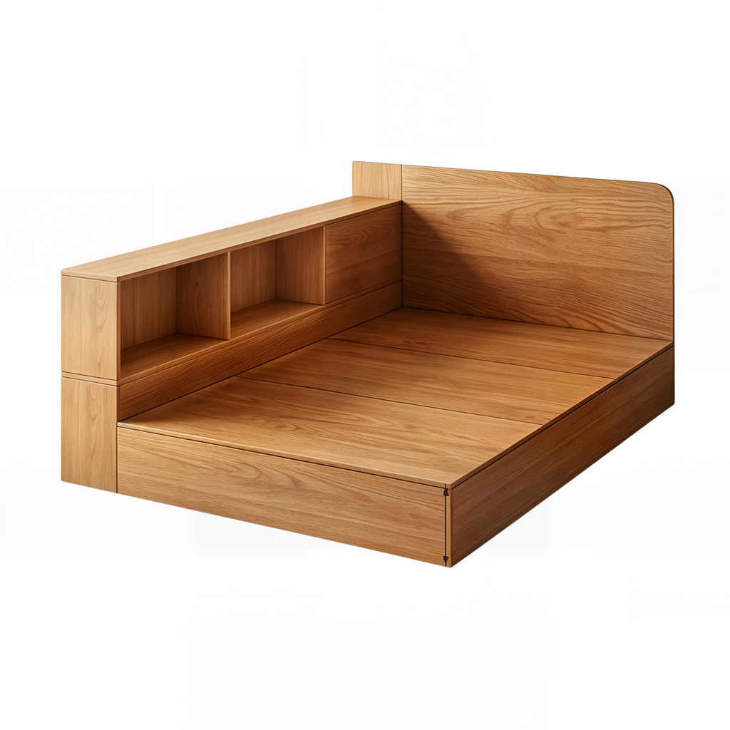 Natural Timber Twin Storage Bed with Divider Shelf
